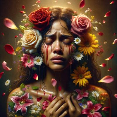 The primary subject of the image is a woman with a flower crown on her head. She is wearing a white dress and has a tear on her face. The setting is a garden, with flowers surrounding her. The visual style is a painting, and the colors and mood are serene and emotional.